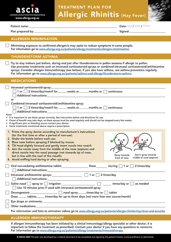 ASCIA Allergic Rhinitis Treatment Plan 2024