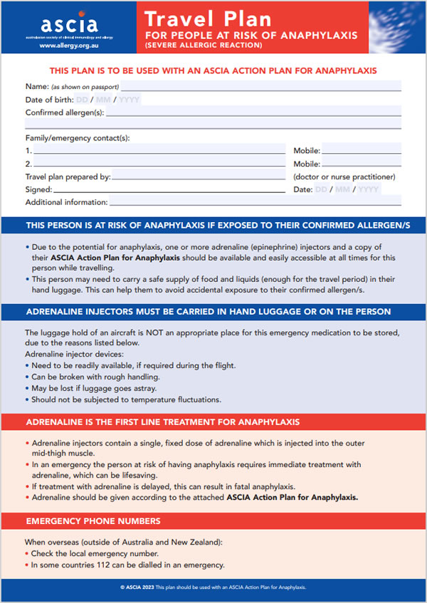 ASCIA Travel Plan for people at risk of anaphylaxis