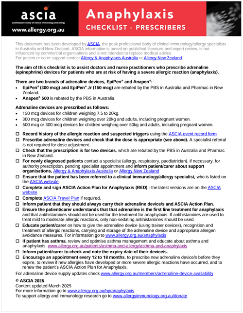 ASCIA HP Checklist Anaphylaxis Prescribers 2025