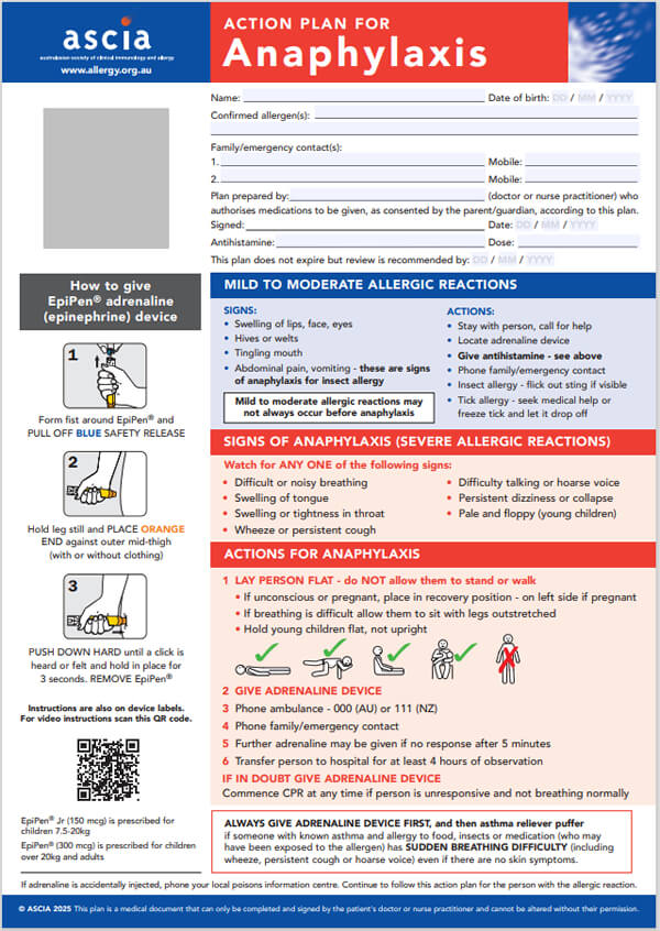 ASCIA Action Plan Anaphylaxis EpiPen 2025