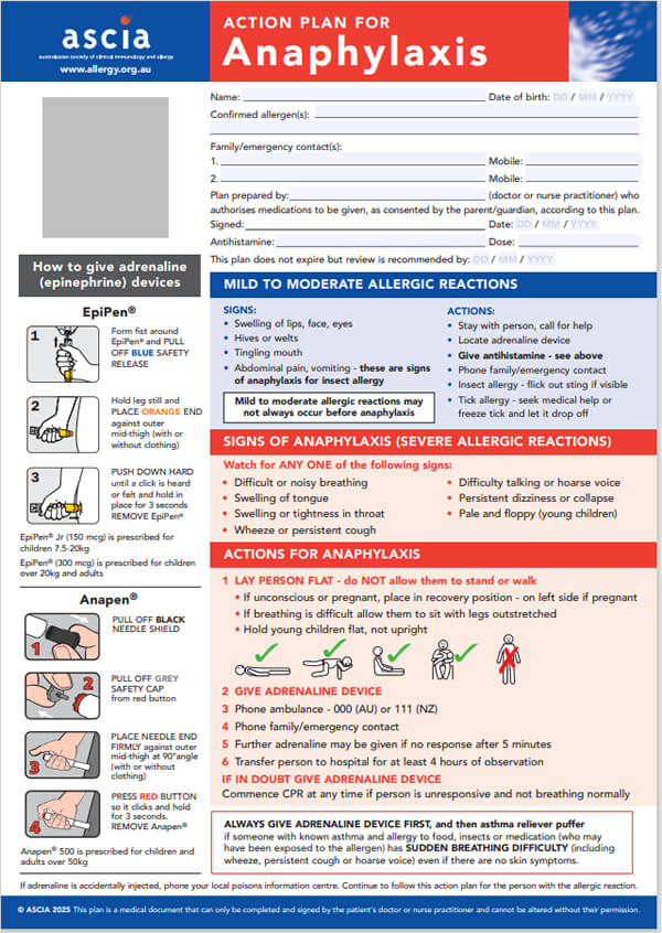 ASCIA Action Plan Anaphylaxis General 2025