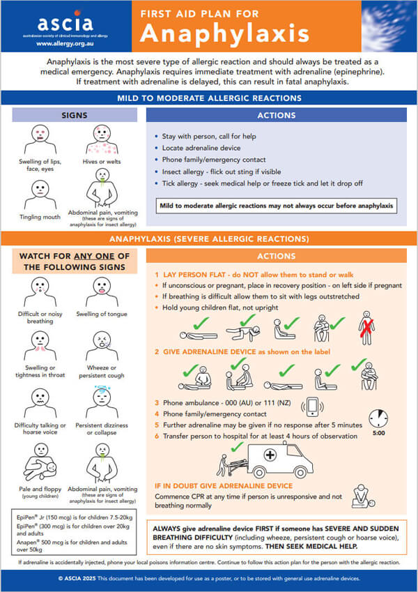 ASCIA First Aid Plan Anaphylaxis Pictorial A3 Poster 2025