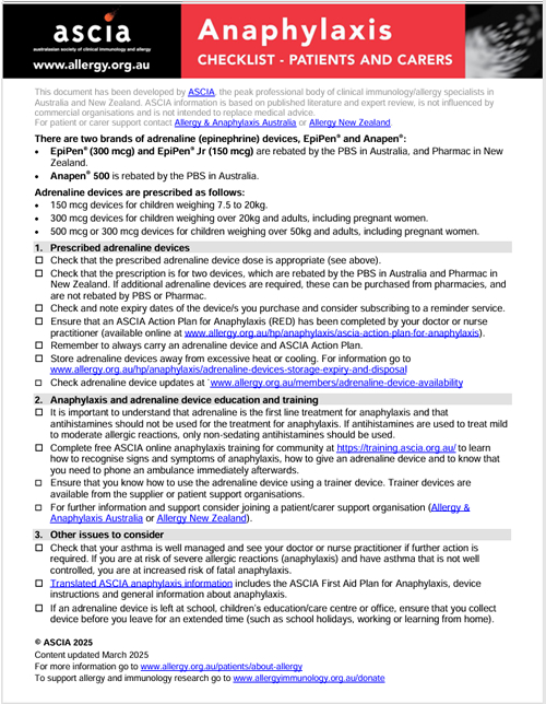 ASCIA PC Checklist Anaphylaxis 2025