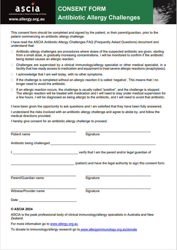 ASCIA Antibiotic Allergy Challenges Consent Form